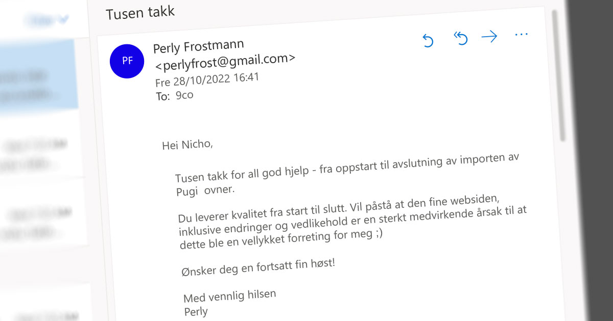 Hyggelig e-post tilbakemleding fra kunde